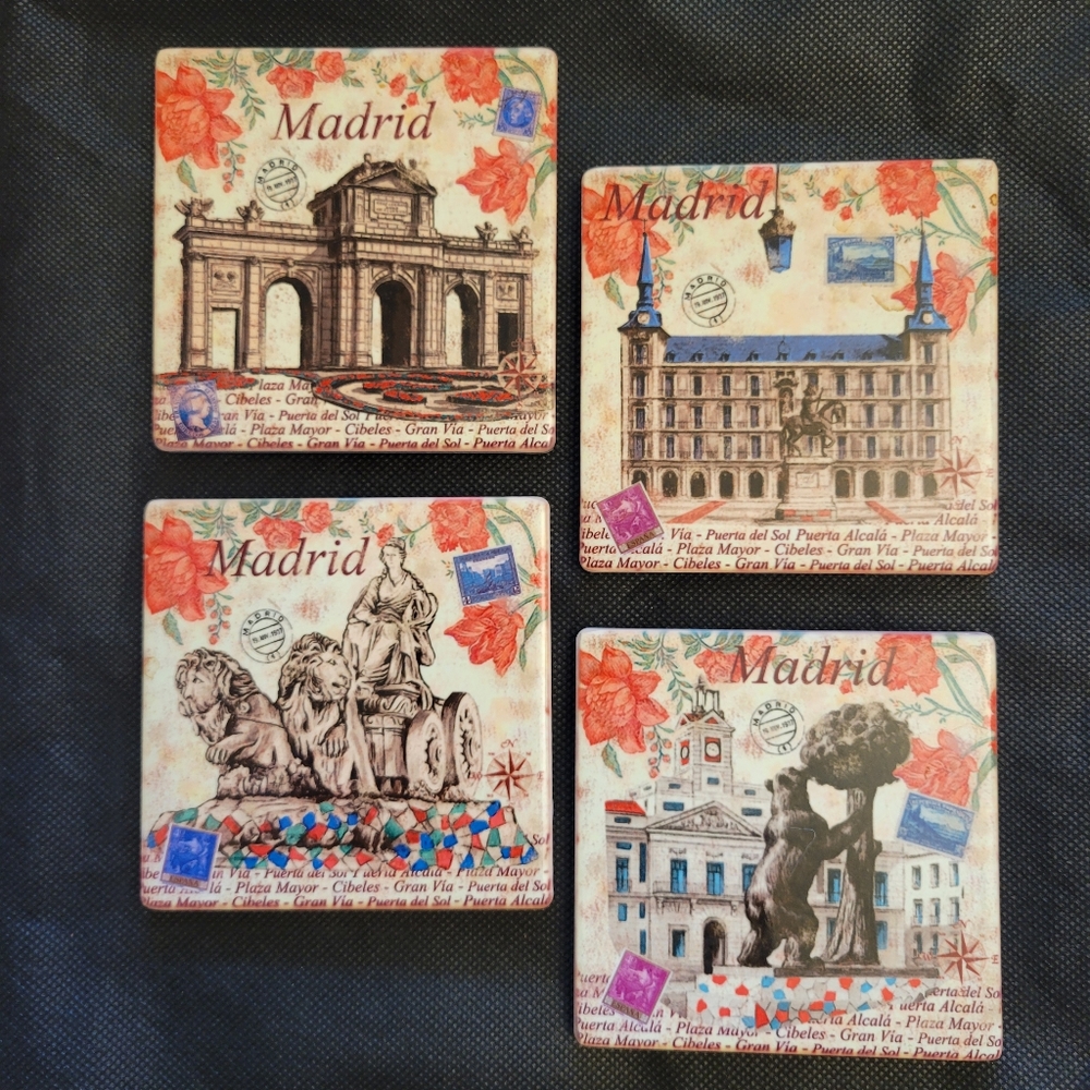 SPANISH Set of 4 Tile Cork Backed Coasters In Their Own Stand